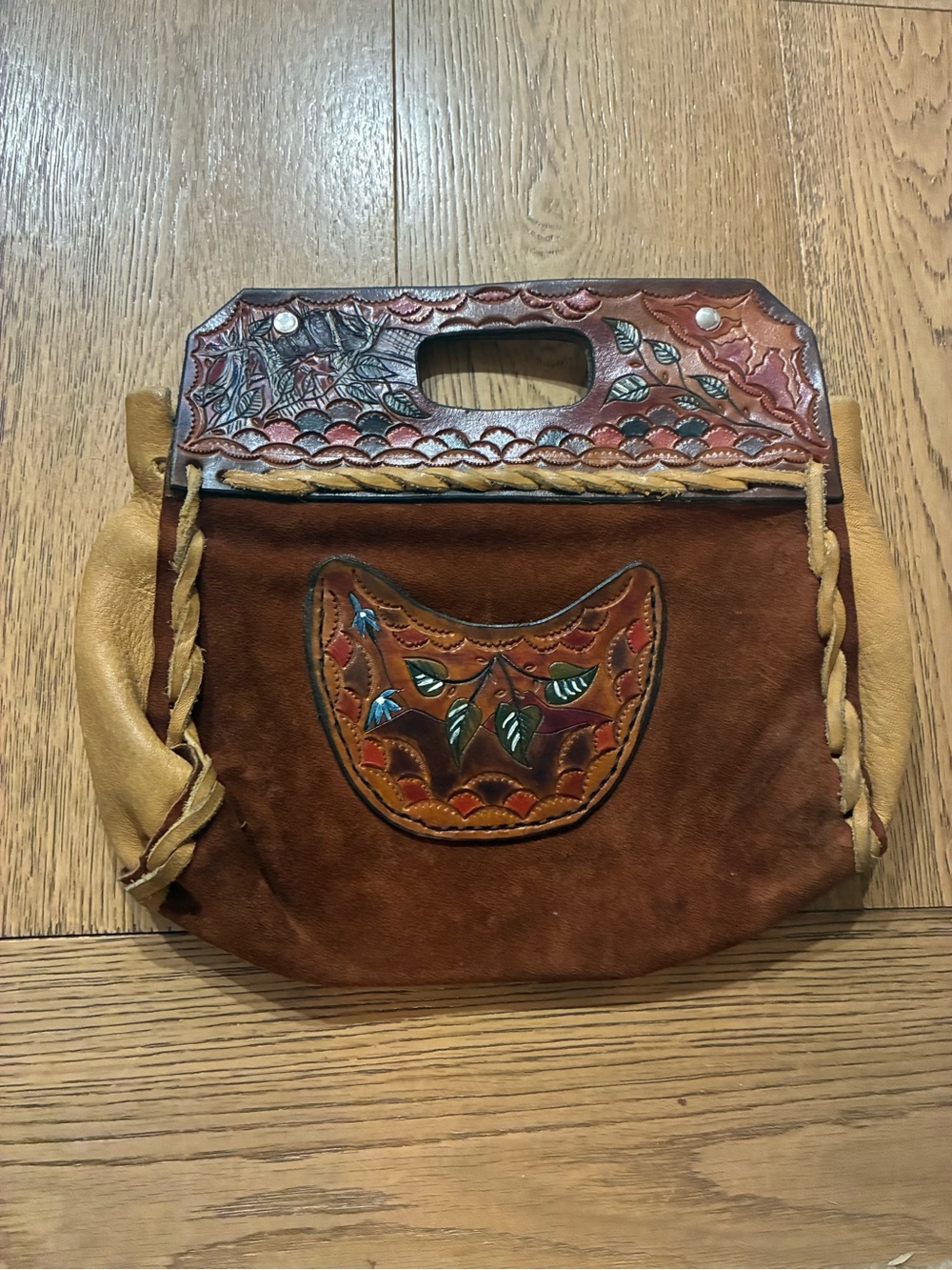 Vintage 1970s Handcrafted artisan Brown Leather Suede Boho Tote rigid handle